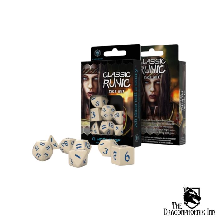 Classic Runic Beige & Blue Dice Set (7)